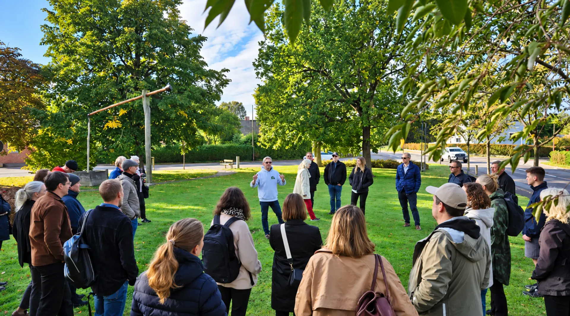 Människor samlade i en park för samtal och kunskapsutbyte
