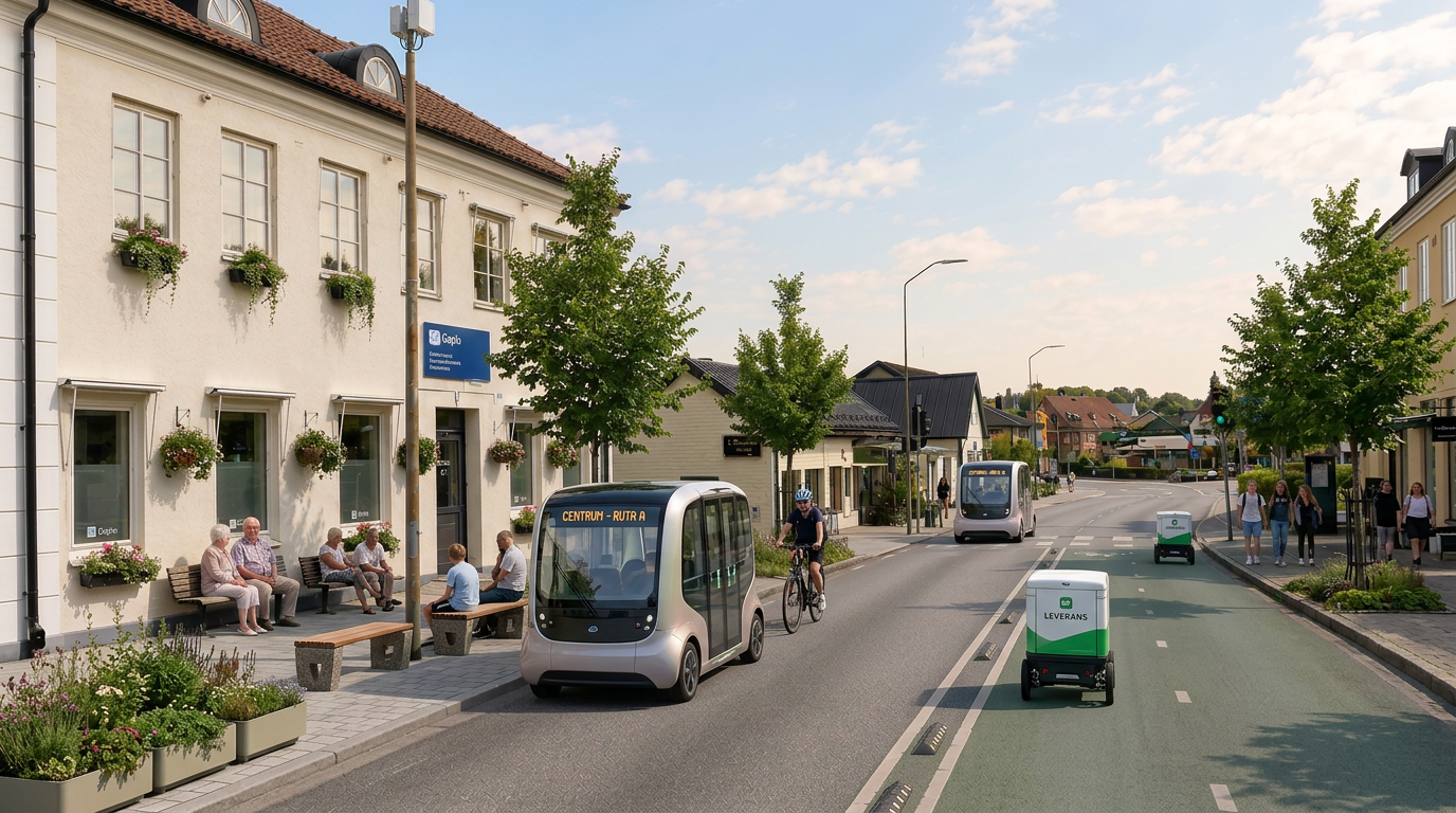 Illustration av samma gata i framtiden, med självkörande små minibussar, autonoma leveransboxar, mer grönska och plats för människor
