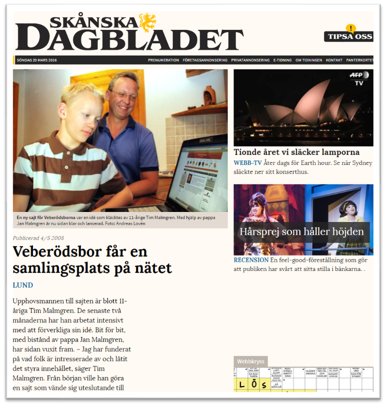 Tidningsklipp ur Skånska Dagbladet: ”Veberödsbor får en samlingsplats på nätet” om 11-årige Tim Malmgren och veberod.nu.